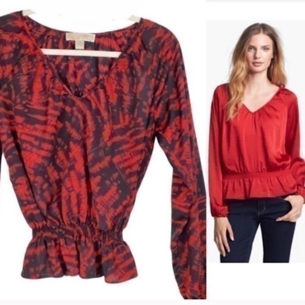 Michael Kors Red Black Patterned Peplum Blouse​